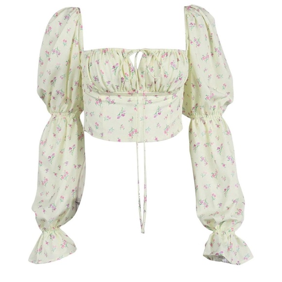 Milk & Honey Floral Puff Sleeve Crop Top Large Pastel Yellow - Picture 6 of 6